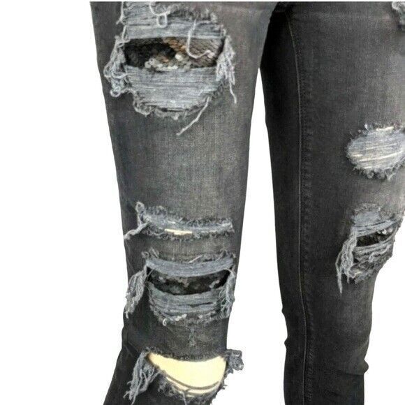 EXPRESS Jeans Women's 2 Skinny Legging Mid-Rise Black Distressing w Sequins - Picture 8 of 10